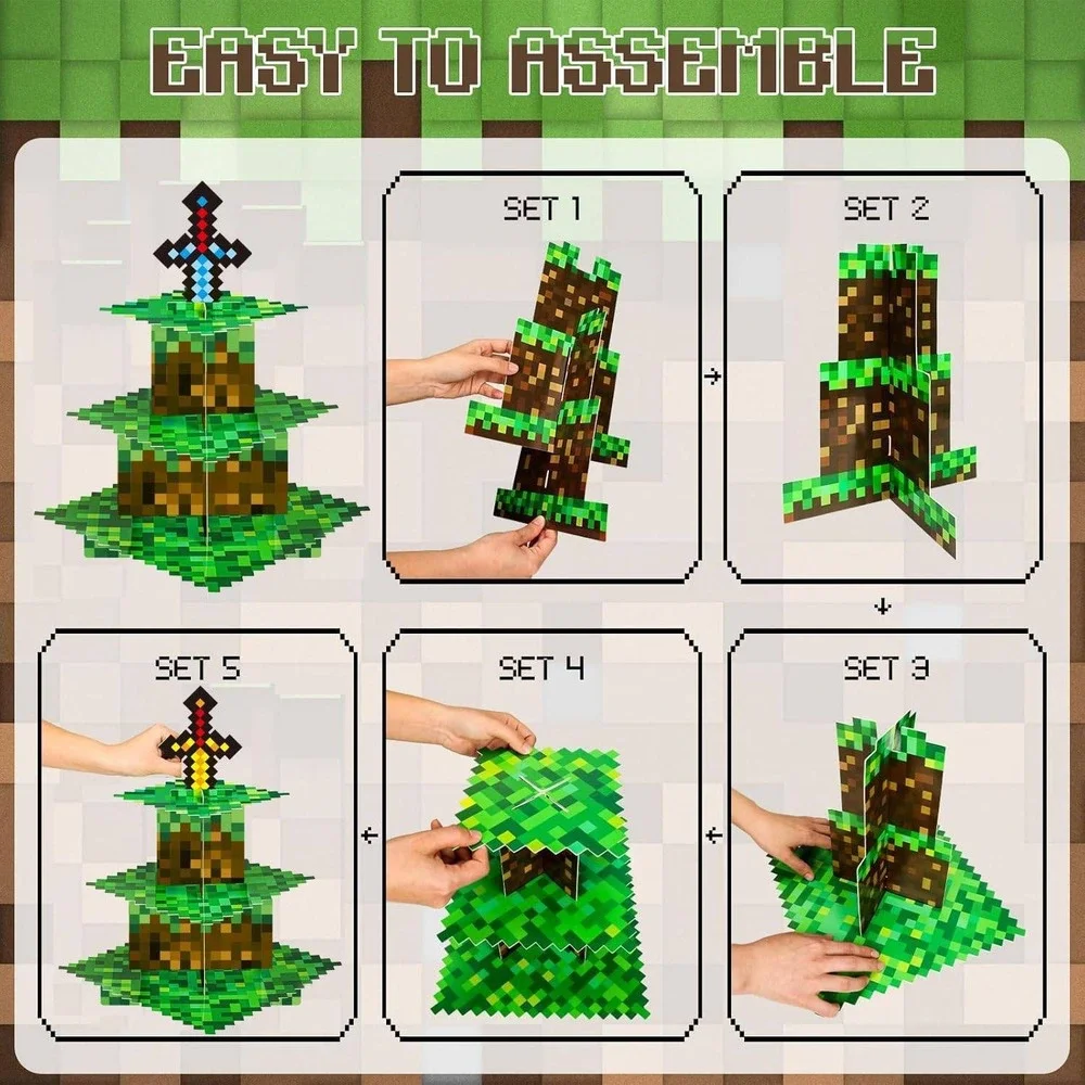 Minecraft Style Pixelated 3 Tier Cupcake Stand Gaming Party Dessert Tower NEW‎